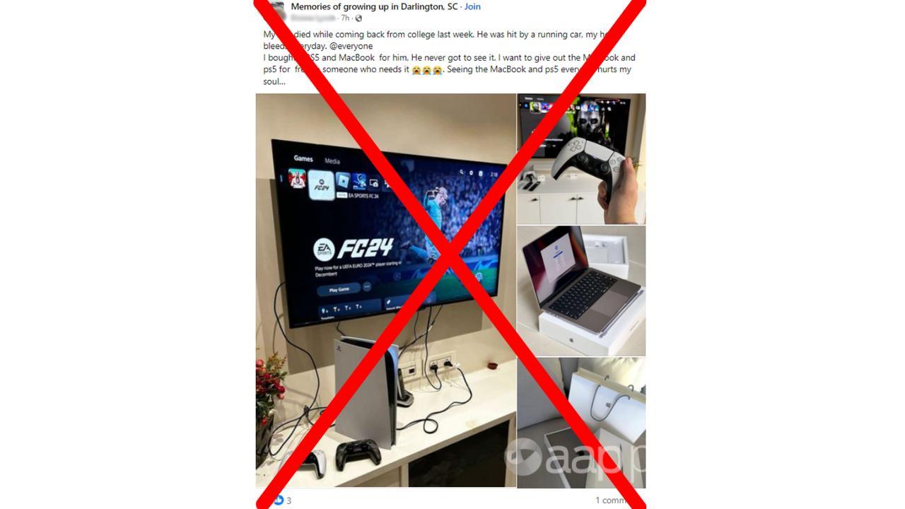 crossed out scam Facebook post offering free PlayStation and MacBook.