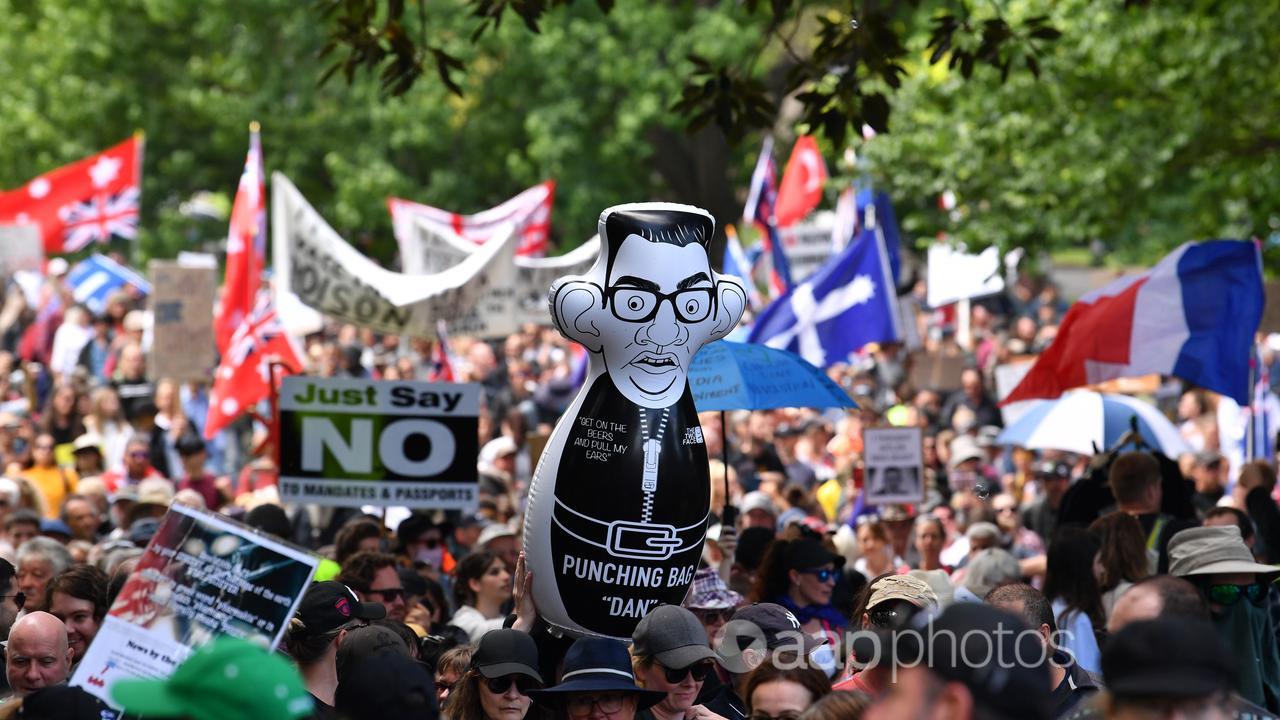 File picture of  a Daniel Andrews effigy at a protest in 2021