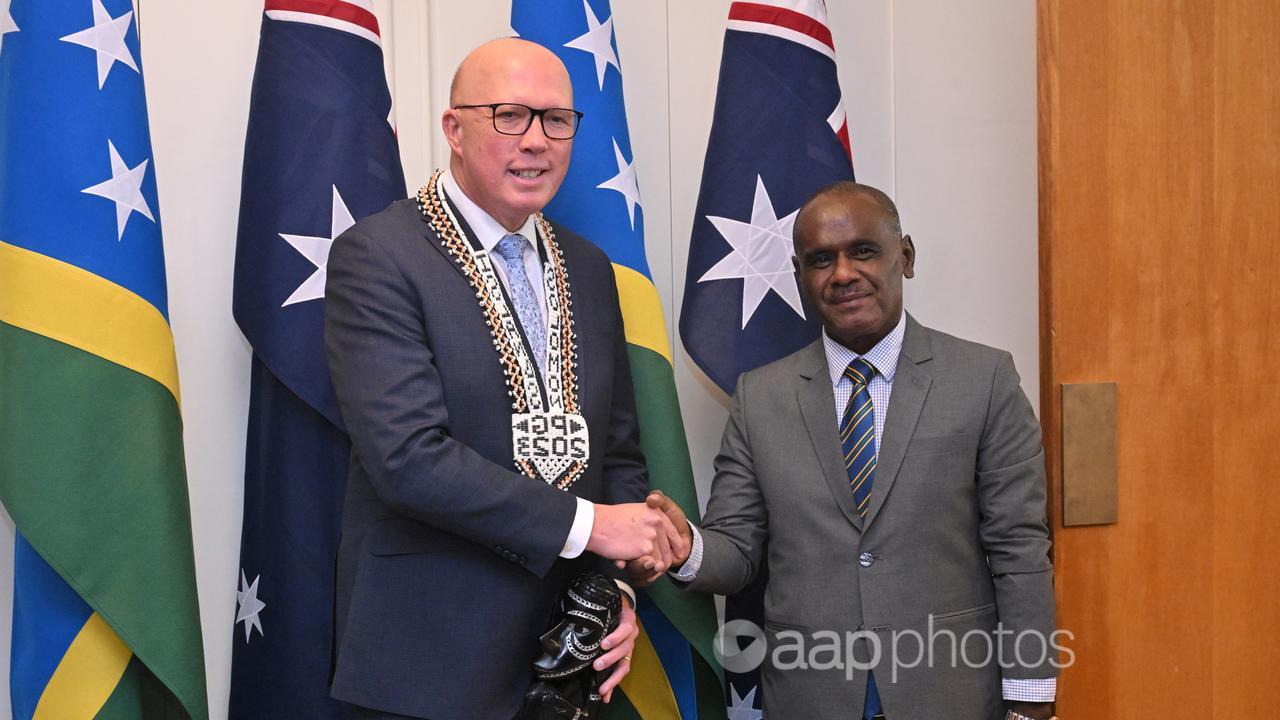 Solomon Islands PM Jeremiah Manele, Opposition Leader Peter Dutton