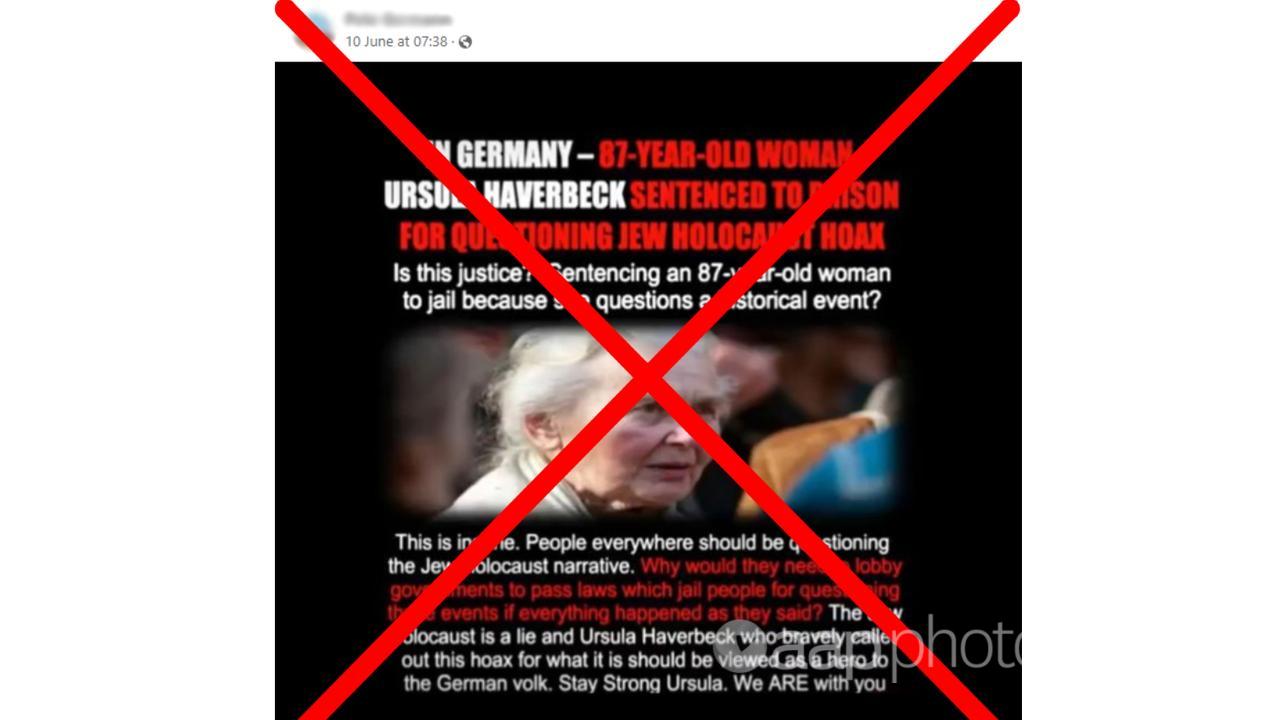 Crossed out Facebook post about Ursula Haverbeck and Holocaust denial.
